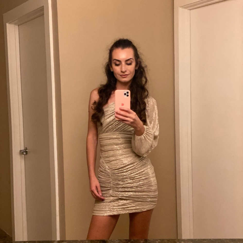 BcbgMaxazria, one shoulder and gold.